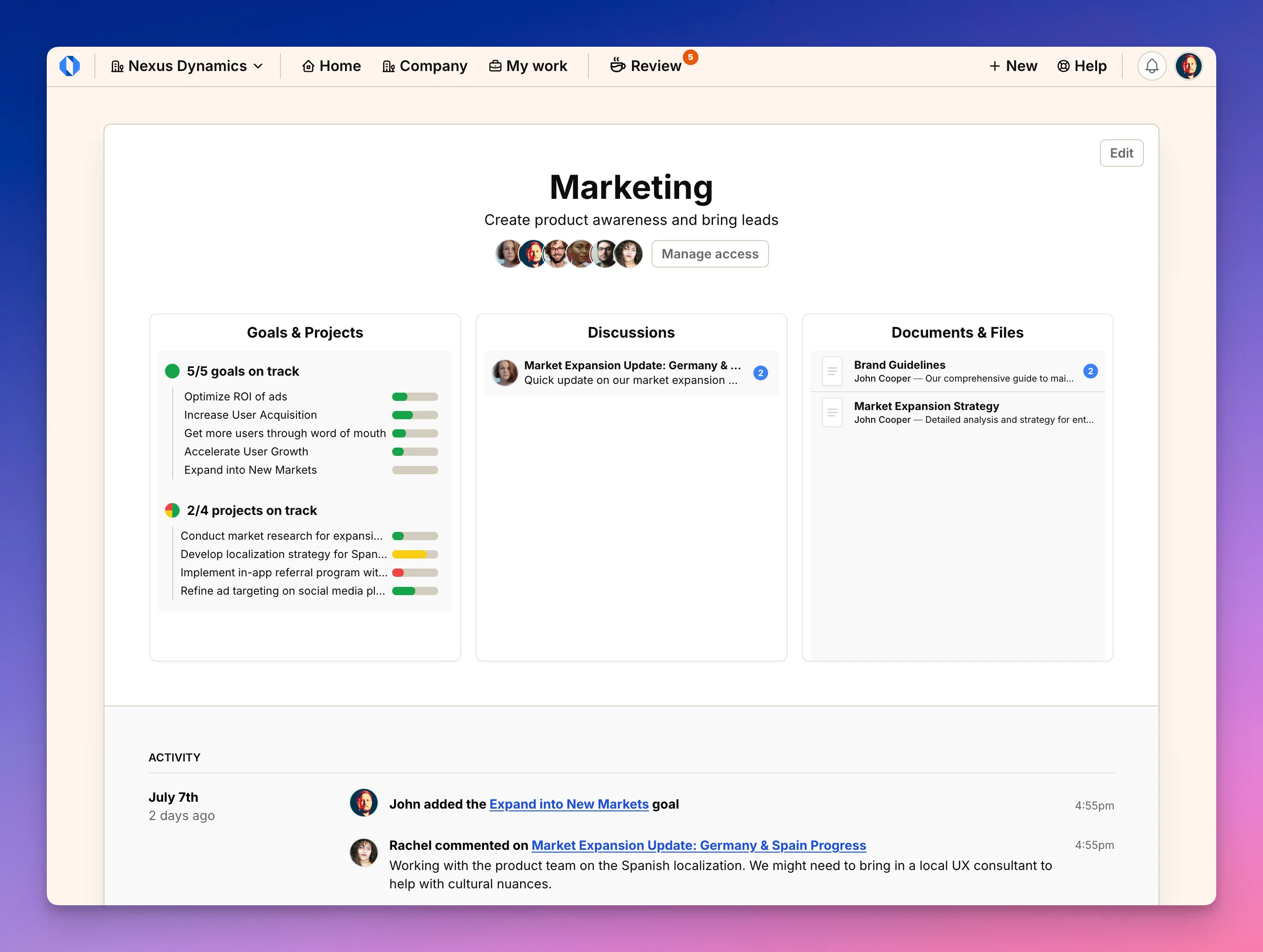Screenshot: Space overview showing goals, projects, and discussions